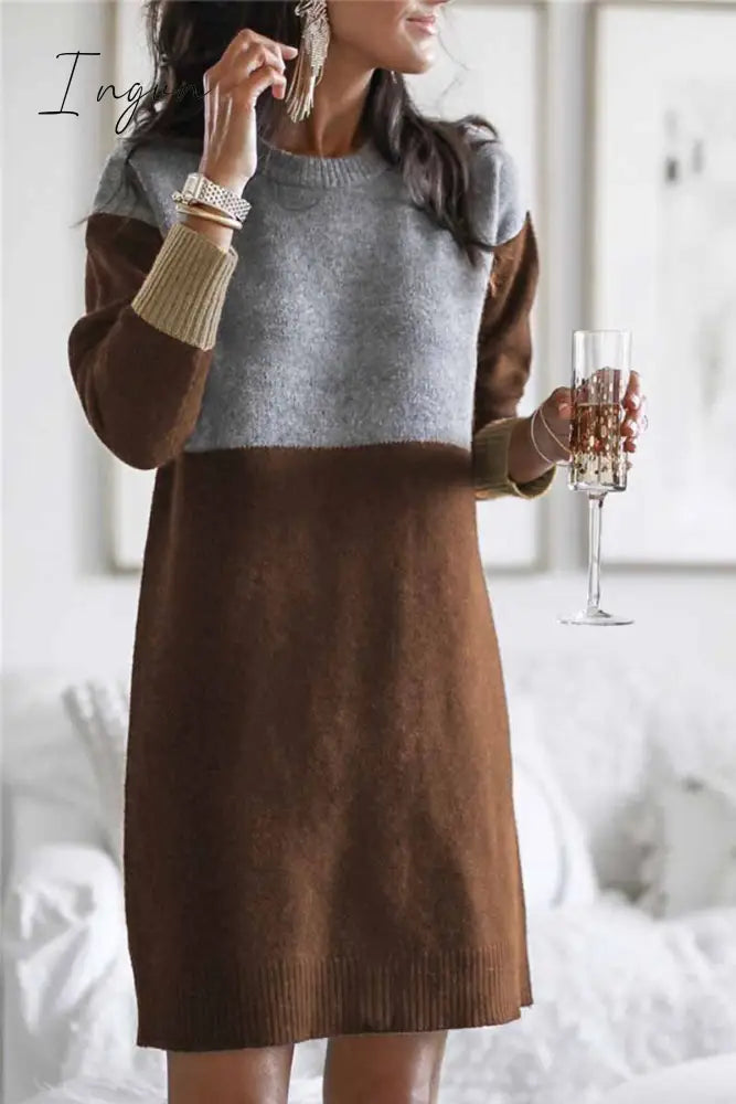 Ingvn - Loose Round Neck Paneled Mini Dress(5 Colors)
