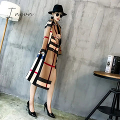 Ingvn - Thickened autumn and winter new women's lapels in the long simple color matching retro plaid coat temperament windbreaker