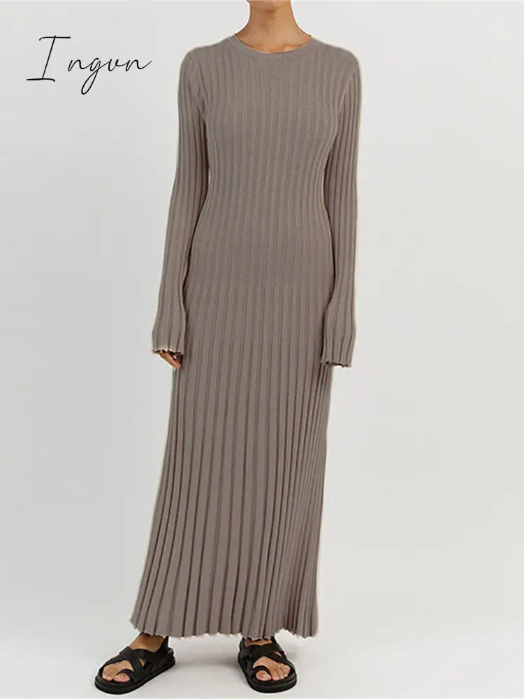 Ingvn - Solid Color Round Neck Long Sleeved Knitted Dress Women Pleated Slim White Long Robes 2023 Summer Lady Office Streetwear Vestido