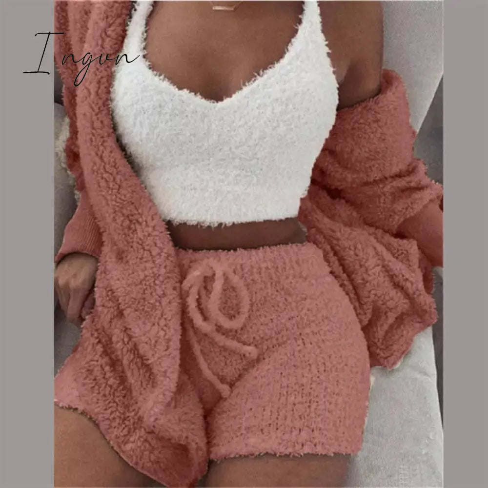 Ingvn - Three Piece Sexy Fluffy Outfits Plush Velvet Hooded Cardigan Coat+Shorts+Crop Top Women Tracksuit Sets Casual Sports Sweatshirt