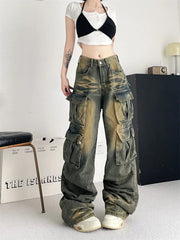 Ingvn  Women's Tie Dyed Patterns Multiple Pockets Unisex Jeans Street Summer Trousers Young Girl Street Bottoms Female Denim Pants