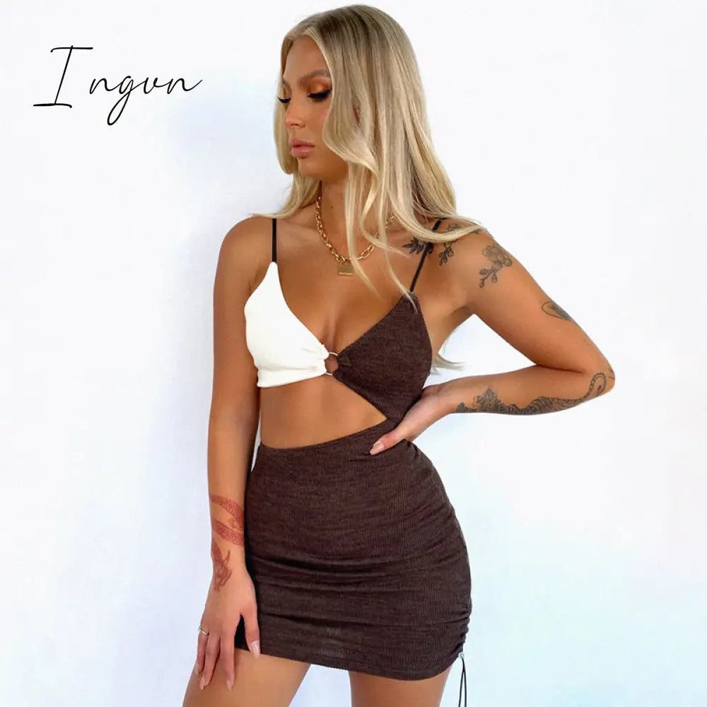 Ingvn - Spaghetti Strap Drawstring Ruched Cut-Out Sexy Backless Mini Dress for Women Club Party Sleeveless Dresses Bodycon