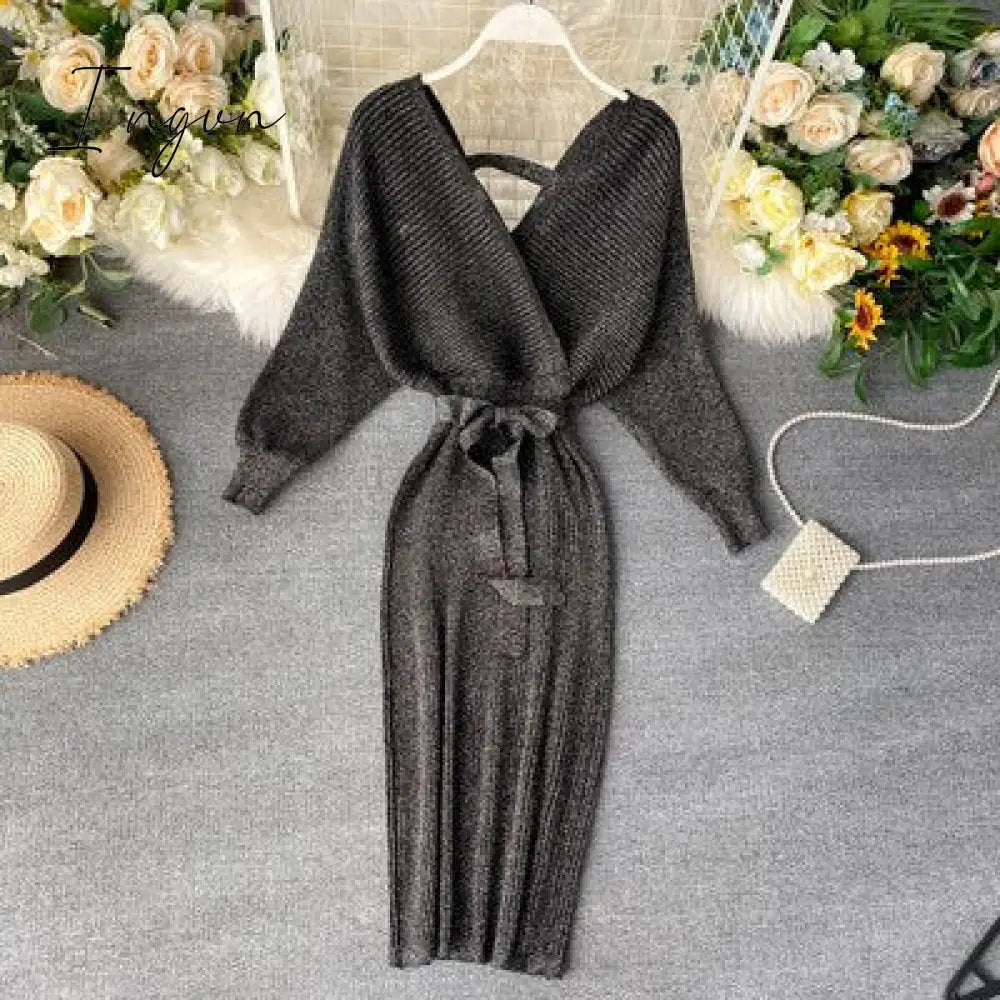 Ingvn - Sparkling Sexy Party Dress Woman Sweater Elegant Slim V-Neck Basic Knitted Green Vintage Dresses Female Autumn Winter Bat Sleeve