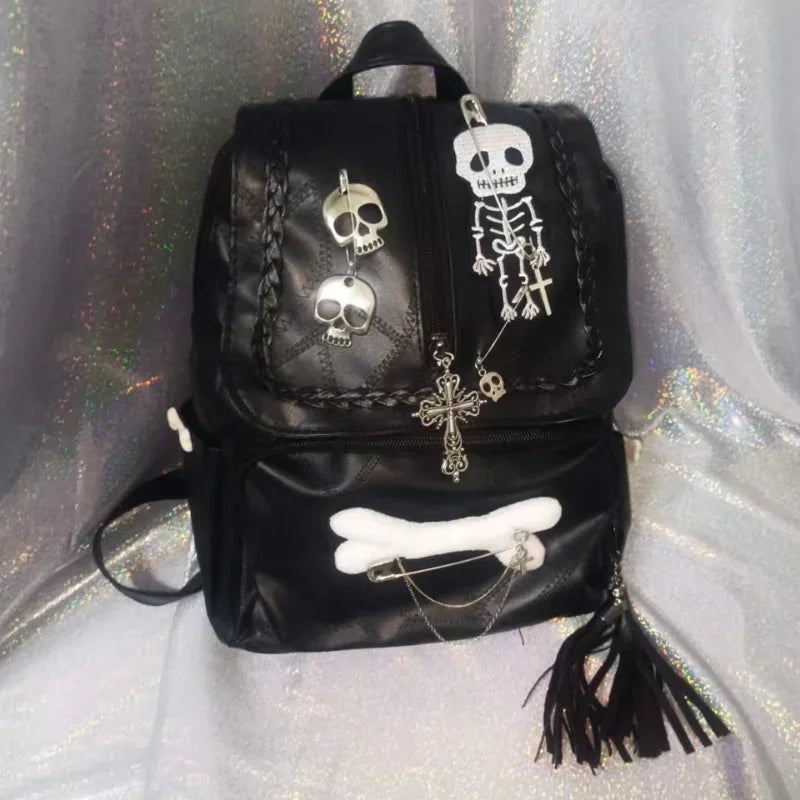 Ingvn  Gothic Y2k Backpacks for Women Vintage Black Skeleton Cross Hip Hop Backpack Aesthetic Fashion Pu Leather Luxury Female Bag