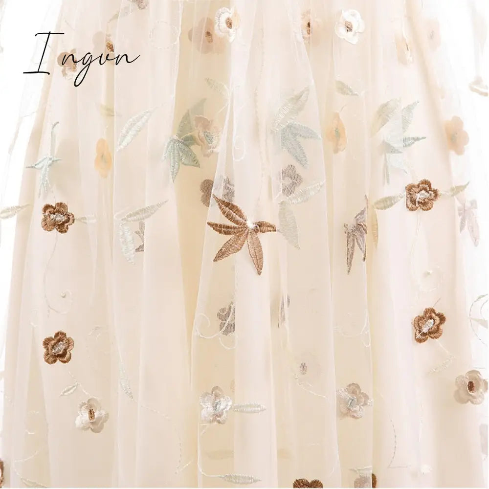Ingvn - Spring Outfits New Summer Floral Print Embroidery Tulle Female Dress Sweet Elegant High Waist Lace Up A-line Mesh Women Dresses 2XL