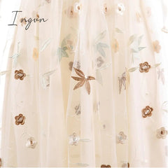 Ingvn - Spring Outfits New Summer Floral Print Embroidery Tulle Female Dress Sweet Elegant High Waist Lace Up A-line Mesh Women Dresses 2XL
