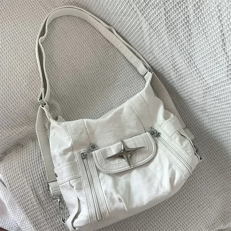 INGVN  Y2k Large Capacity Shoulder Bag White Pu Leather Cross Handbag American Style Punk Goth Fashion Simple Designer Handbag
