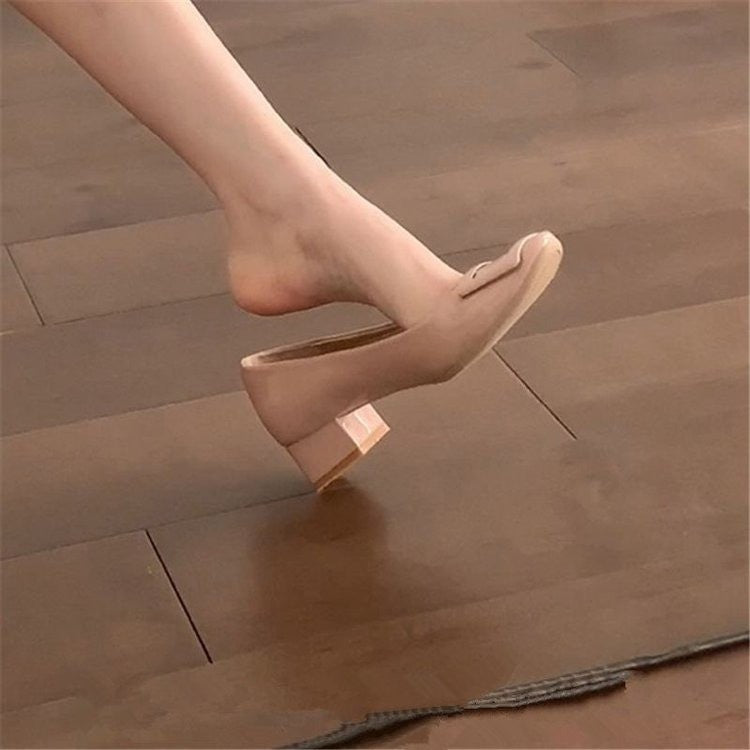Naked Pink Single-layer Shoes Women's New Spring Classic Square Buckle Patent Leather All-match Thick Heel Commuter Women's Shoes Round Toe Shallow Mouth