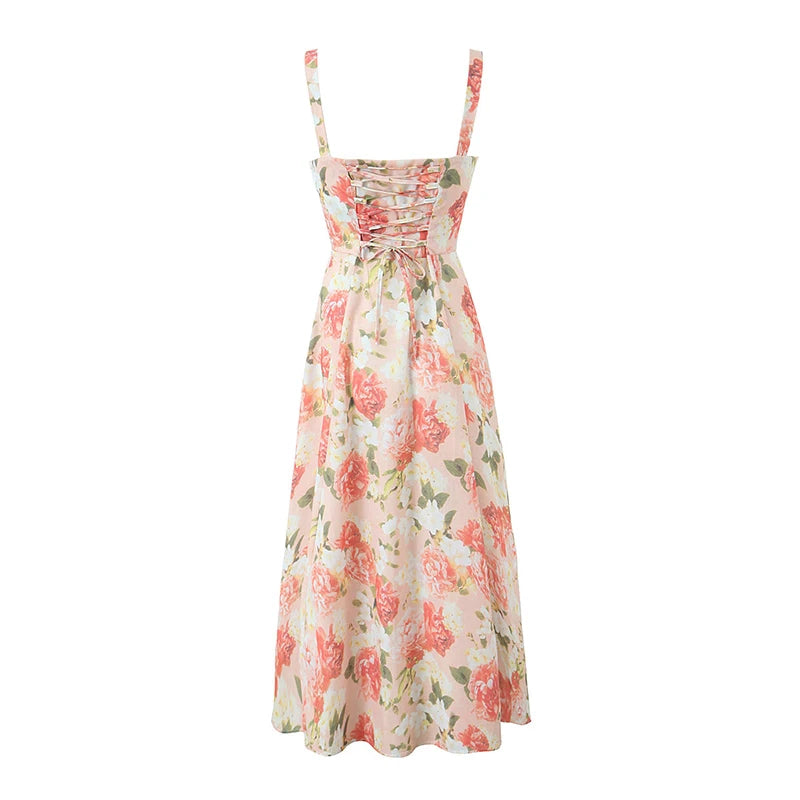 Elegant Women Sexy Front Slit Floral Print Sling Midi Dress Lace Up Bandage Back Female Summer Dresses Holiday Robe
