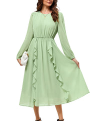 Womens Long Sleeve Wedding Guest Dresses Flowy Chiffon Ruffled A Line Midi Dresses 2024 Fall Casual Long Dress