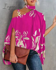 Ingvn - Women Metal Halter Hollow Out Print Top Patchwork Short Sleeve Loose Summer Blouse Femme Fashion Pullovers Casual Youth New