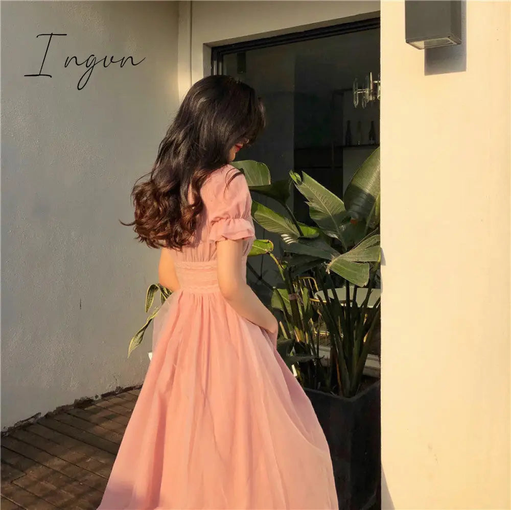 Ingvn - 2023 Summer Mesh Dress Women Puff Sleeve V-neck A-line Slim Korean Style Mesh Retro DressElegant Vintage Vestidos Female News