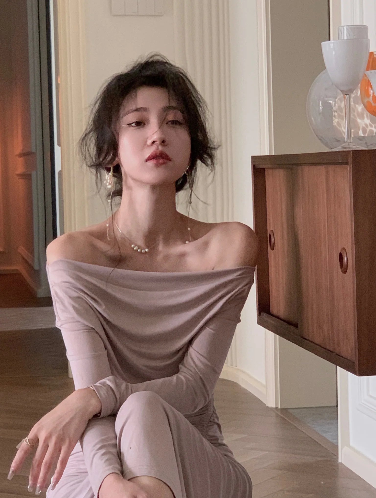 Elegant White Knit Dress Midi Dresses for Women Autumn Off Shoulder Long Sleeve Pleated Slim Evening Party Female Clothing