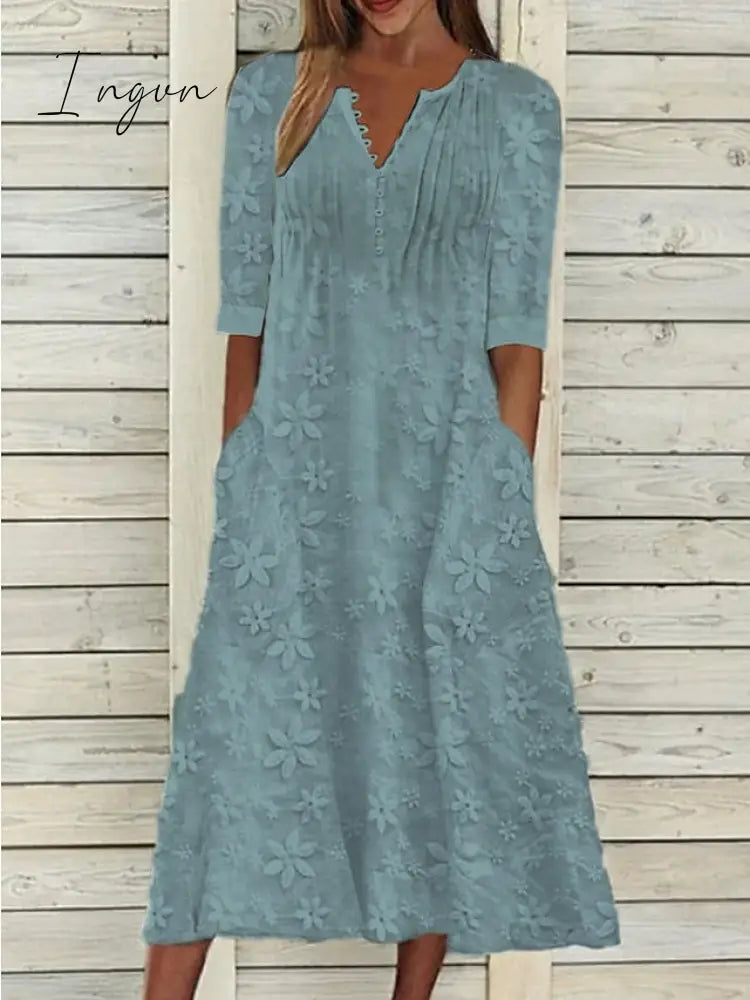 Ingvn - Women's Cotton Linen Dress Casual Dress Midi Dress Cotton Casual Mature Outdoor Daily Vacation V Neck Ruched Pocket Half Sleeve Summer Spring Fall 2023 Loose Fit White Blue Green Plain S M L XL 2XL