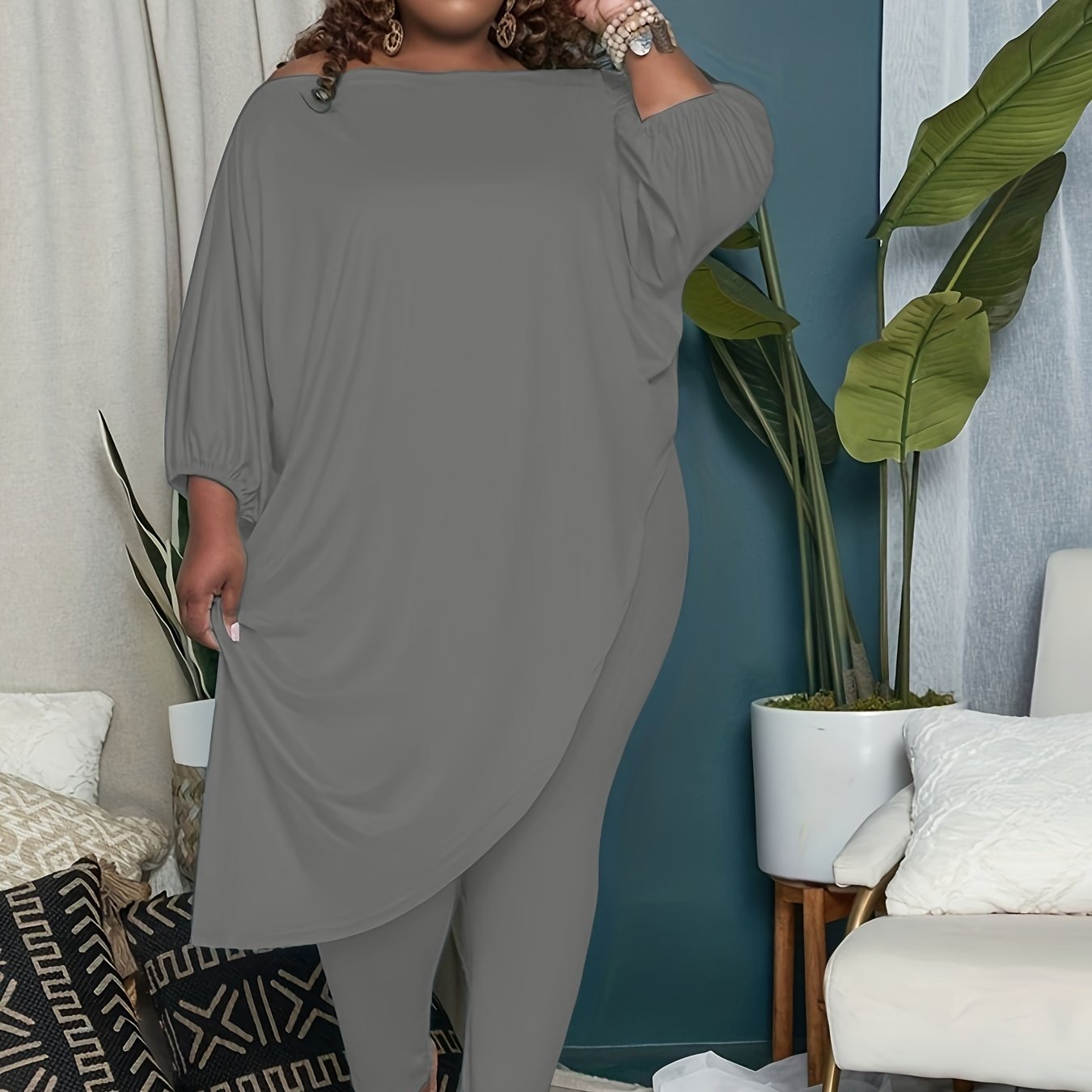Plus Size Casual Outfits Set, Women's Plus Plain Lantern Sleeve Round Neck Asymmetrical Hem Top & Pants Outfits Two Piece Set