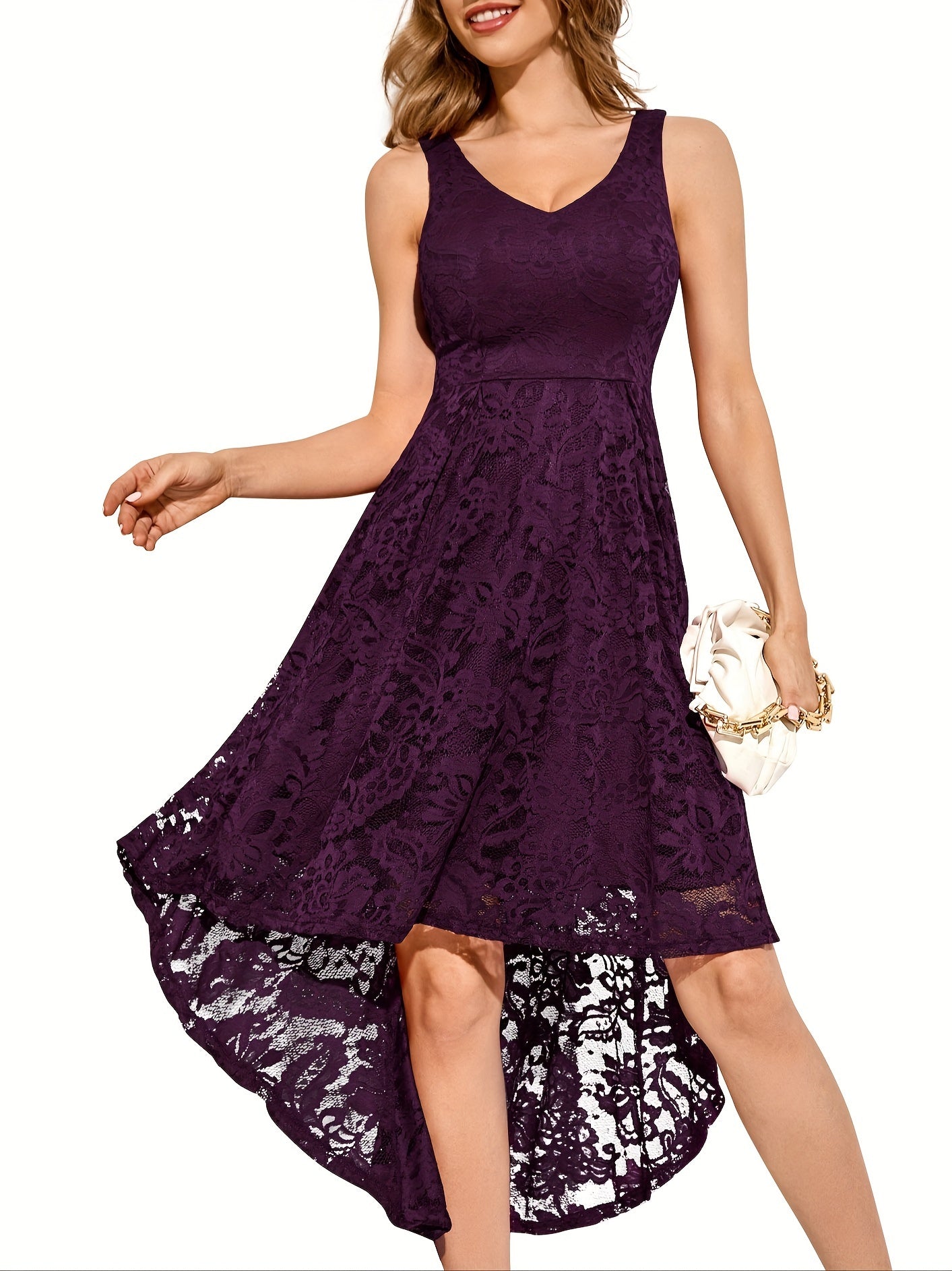 Solid Lace Asymmetrical Hem Dress, Elegant Sleeveless Aline Tank Dress For Wedding Party, Women's Clothing