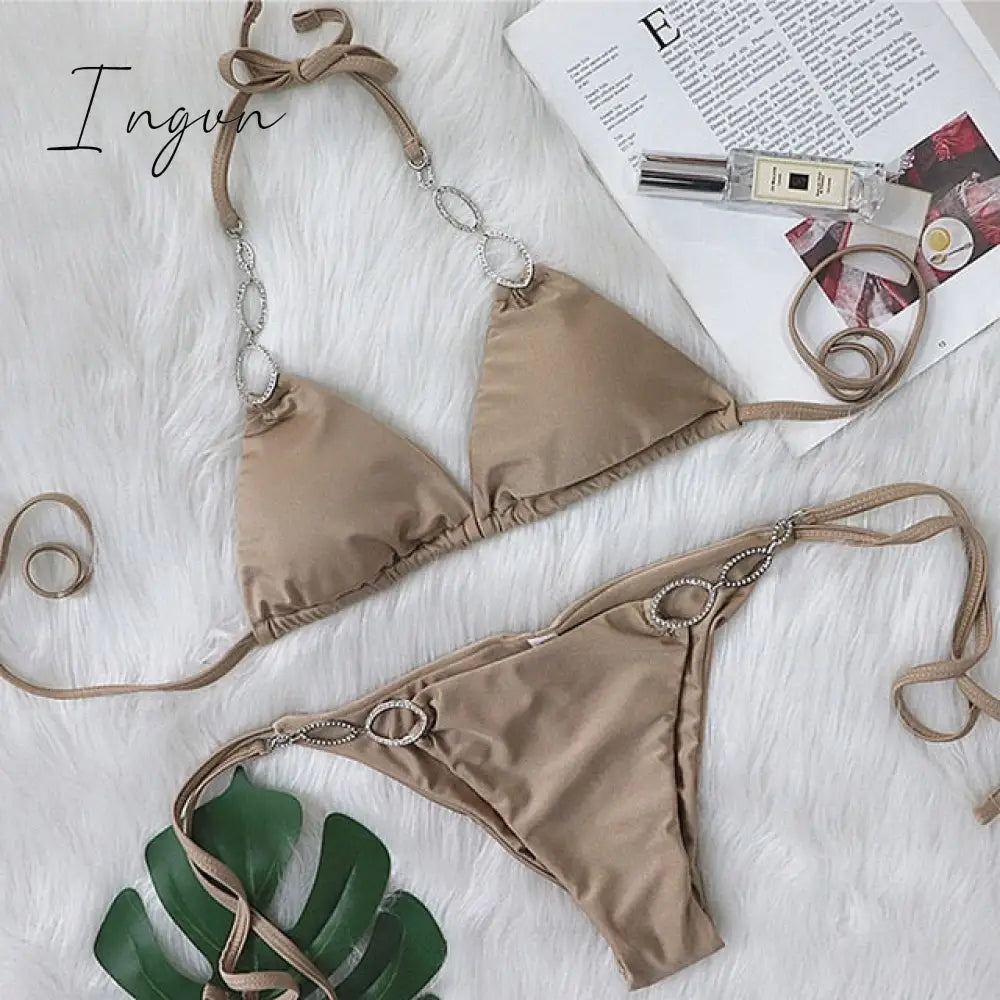 Ingvn - New Shiny Crystal Diamond Bikini Women Halter Bandage Swimsuit Female Swimwear Rhinestone Bikini set Brazilian Bathing Suit