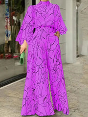 Ingvn - Summer European and American Women's Dress Elegant Waist Tie up Long Sleeve Hanging Neck Pants Print Jumpsuits