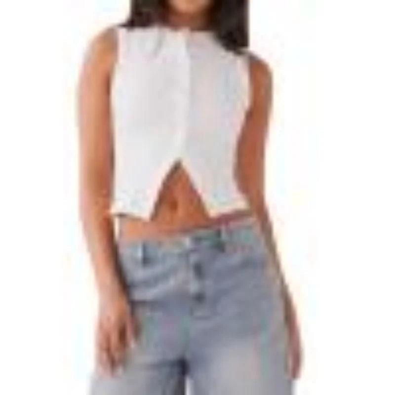 Women Tank Tops y2k Clothing Summer Solid Color Round Neck Sleeveless Button Down T Shirts Vest 2000s Aesthetic Clothes