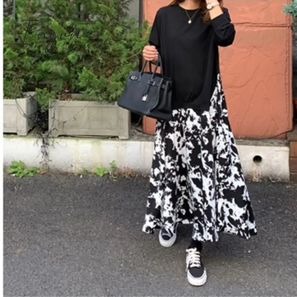 Ingvn - Autumn Women Plus Size XL-5XL Ladies Long Sleeve T-Shirt Dress Patchwork Print Robe Fake Two Piece Dress D08108R