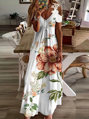 Floral Print Maxi Dress - Short Sleeve, V Neck, Casual, Lace Up, Women's Clothing for Everyday Wear