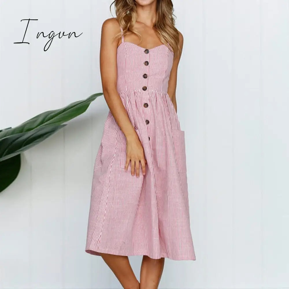 Ingvn - Boho Sexy Floral Dress Summer Vintage Casual Sundress Female Beach Dress Midi Button Backless Polka Dot Striped Women Dress