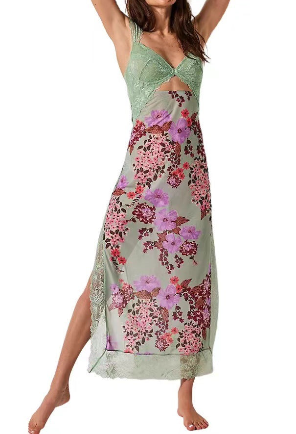 Summer New  Lace Backless Shoulder Strap Stitching Vented Color Long dress Women's Clothing