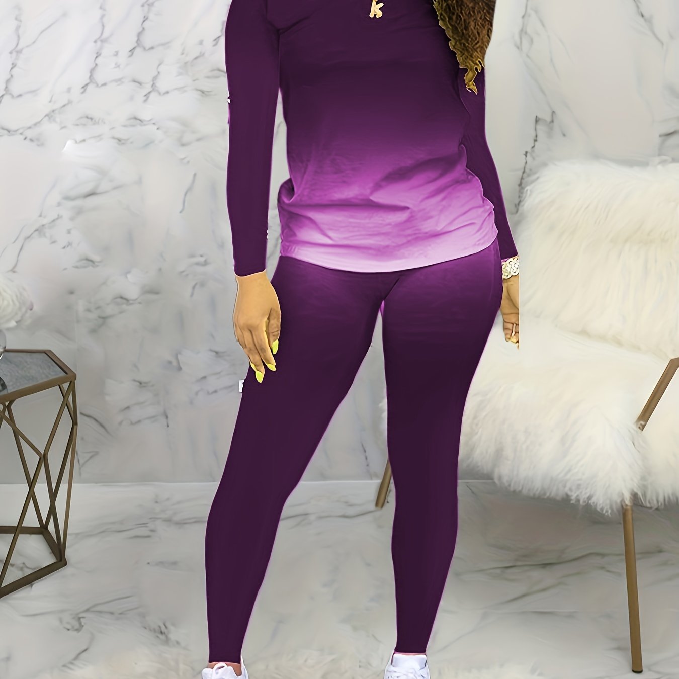Plus Size Casual Outfits Set, Women's Plus Ombre Print Long Sleeve Round Neck Top & Pants Outfits Two Piece Set