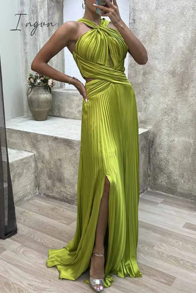 Ingvn - Elegant Solid Fold Halter Evening Dress Dresses