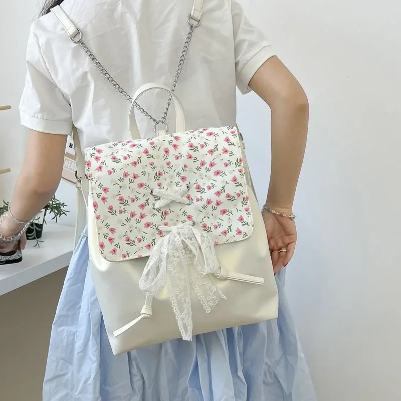 Ingvn  Elegant Fashion Womens Backpack Flower Korean Style Casual Bow Sweet Small Backpack Pu Leather Luxury Female Aesthetic Bags