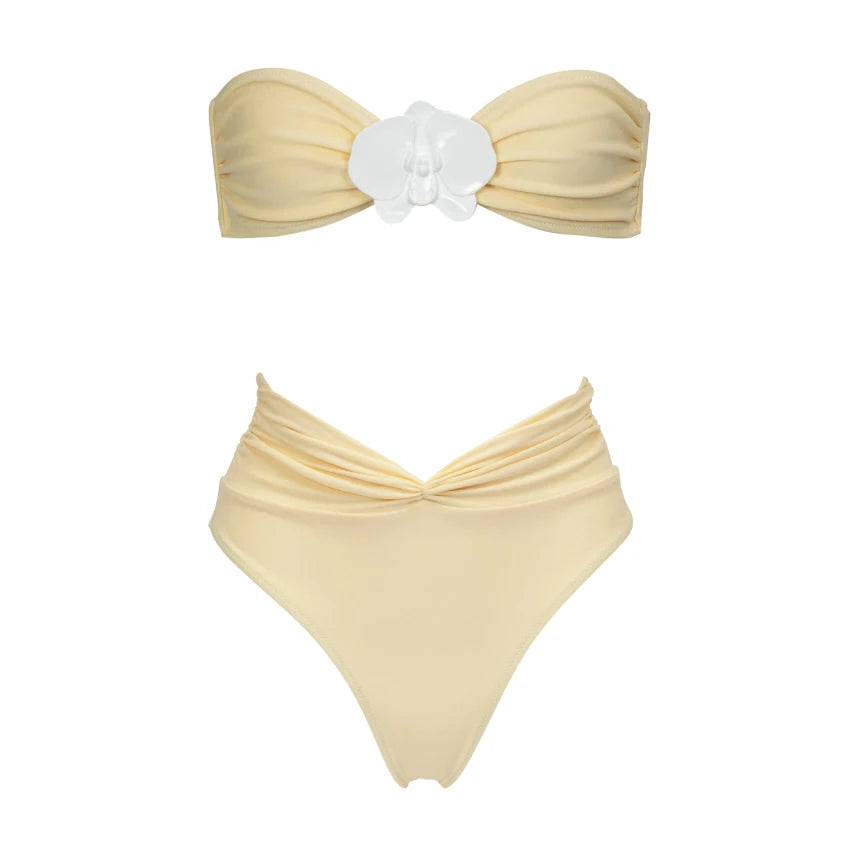 3Pcs Sexy Bikini Set Women Swimsuit 2025 Swimwear Female Yellow Bandeau Biquini Mesh Skirt Bathing Suit Summer Beach Outfits