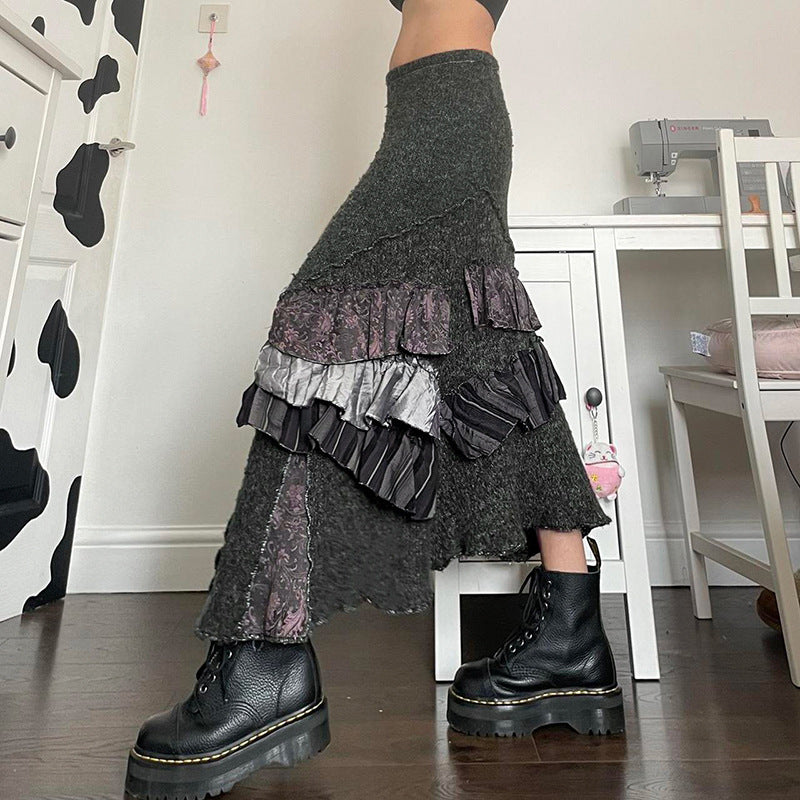 Dark Gothic Style Heavy Industry Contrast Lace Stitching Irregular Skirt Personality Hot Girl Niche Design Long Skirt