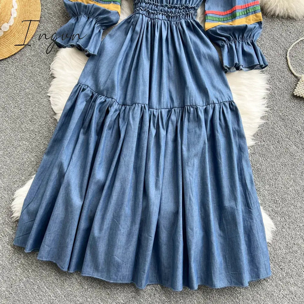 Ingvn - Quality Embroidered Denim Dress 2023 Summer Autumn National Korean Pleated A Line Long Sleeve Cowboy Dress Women Jeans Dress