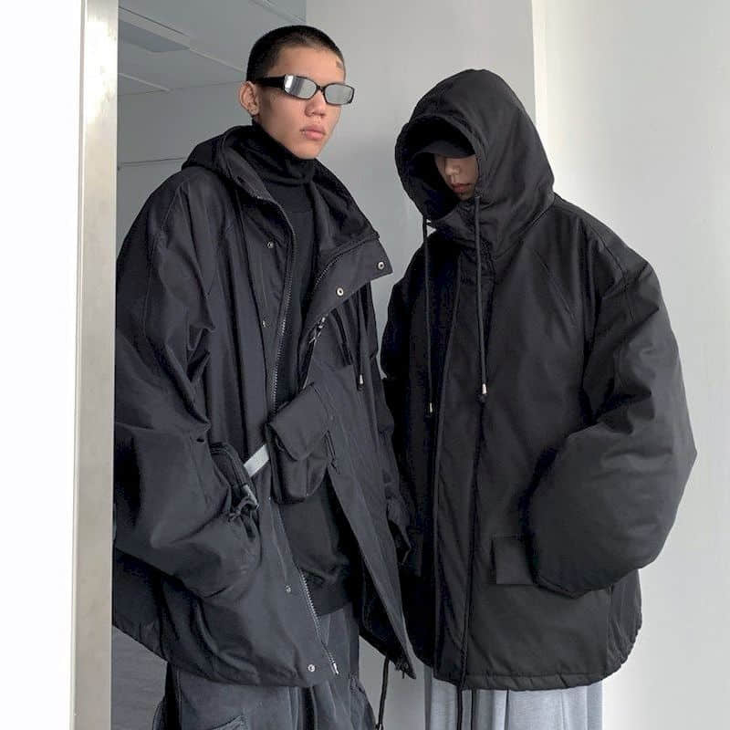 Punk style Padded Jacket Men Women Winter new thickened dark oversize hooded charging cotton jacket men's thick/thin Top