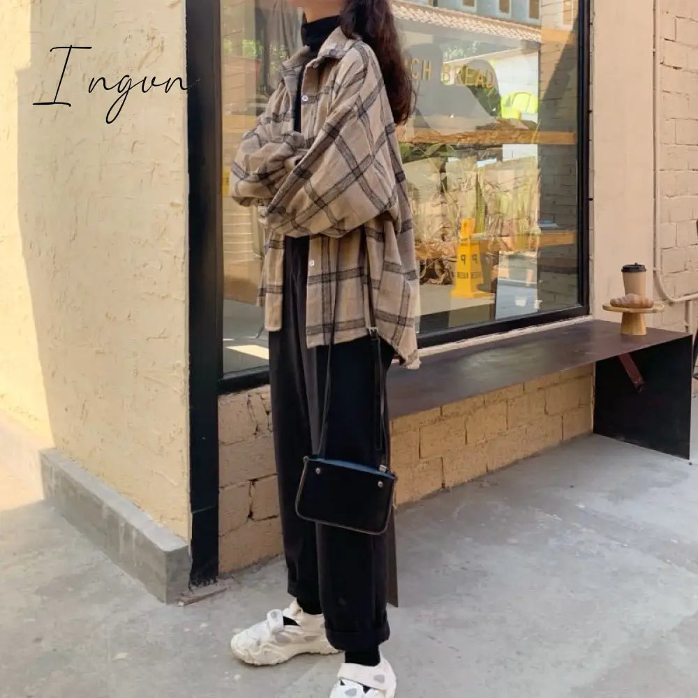 Ingvn - Women Blouses Turn-down Collar Spring Shirts Plaid All-match BF Batwing-sleeve Loose Outwear Harajuku Female 4 Colors Chic New