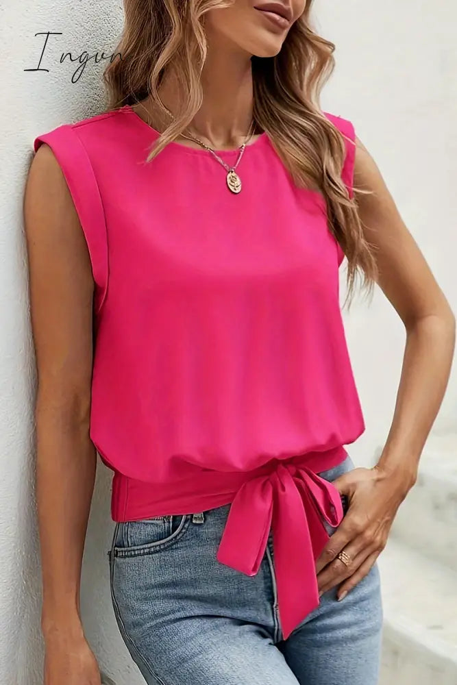 Ingvn - Casual Solid Bandage O Neck T-Shirts