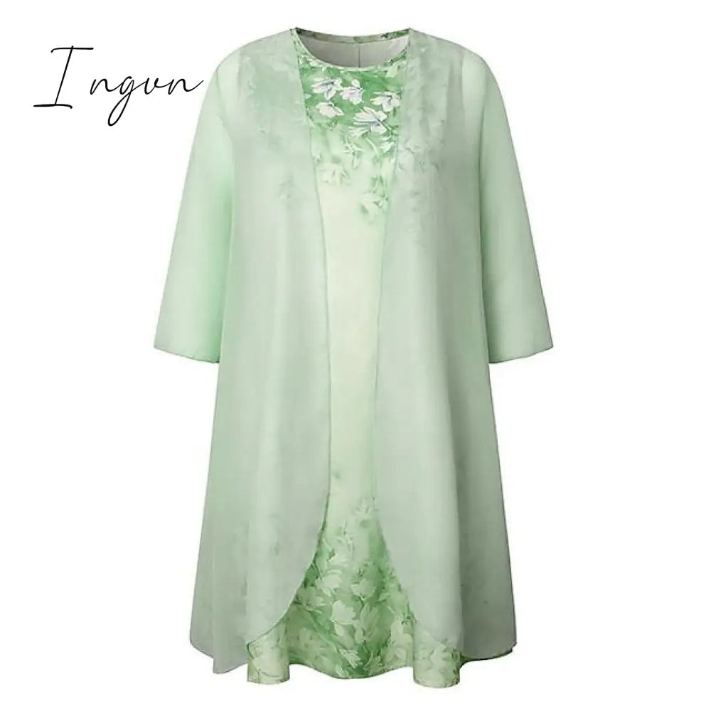 Ingvn - Women's Plus Size Curve Two Piece Dress Floral Round Neck Print 3 4 Length Sleeve Spring Summer Casual Knee Length Dress Casual Daily Dress