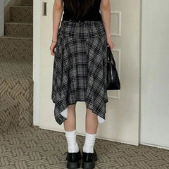 Preppy Style Plaid Print Skirt Grey Low Rise Loose Irregular A-line Midi Skirts Women Harajuku Clothes y2k Streetwear New