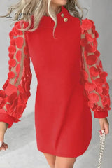 Ingvn - Elegant Solid Buttons Appliques Half A Turtleneck A Line Dresses