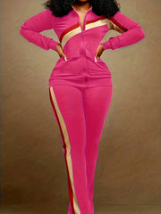 Two-piece Set, Long Sleeve & Long Length, Zip Up, Striped Print Retro Outfits, Women's Clothing