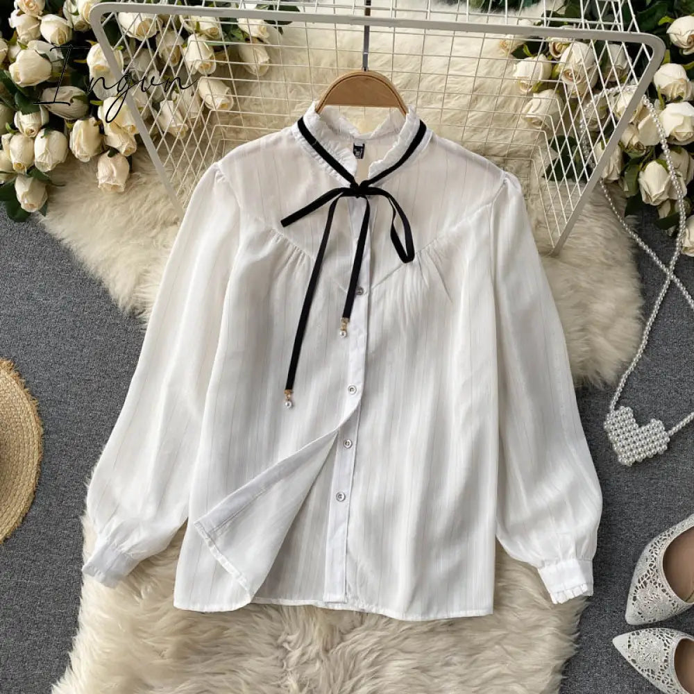 Ingvn - Spring Autumn Elegant 2 Piece Set Overalls Dress Women Bow Collar White Shirt Top+ Irregular Flower Print V-Neck Vest Dress