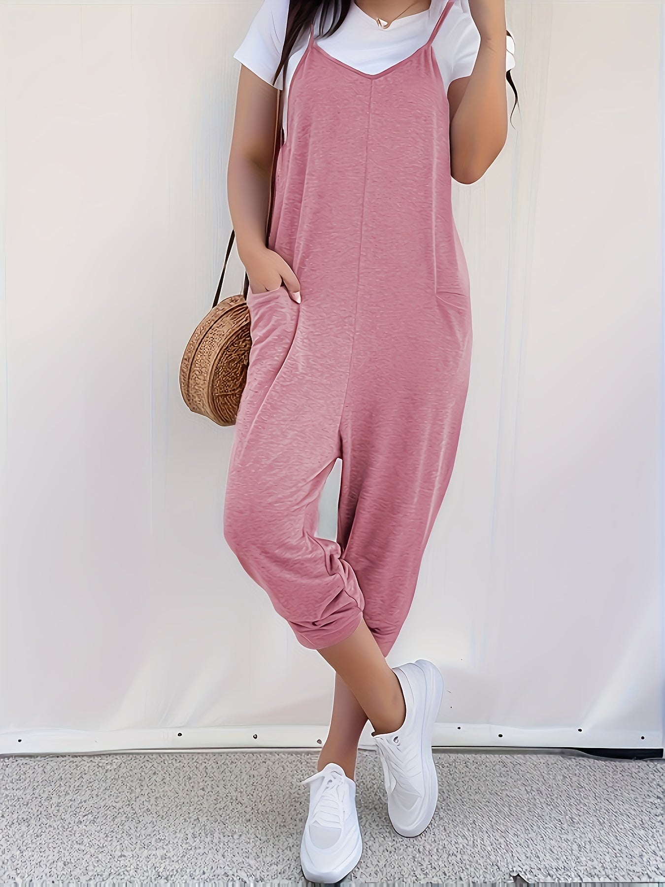Solid Patched Pockets Overall Jumpsuit, Versatile V-neck Overall Jumpsuit For Spring & Summer, Women's Clothing