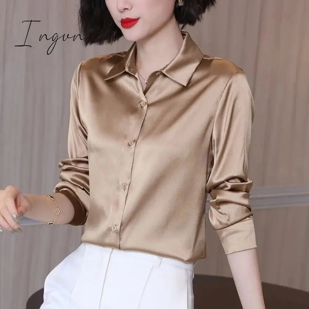 Ingvn - Brand Quality Luxury Women Shirt Elegant Office Button Up Long Sleeve Shirts Momi Silk Crepe Satin Blouses for Women Fashion Business Ladies Top