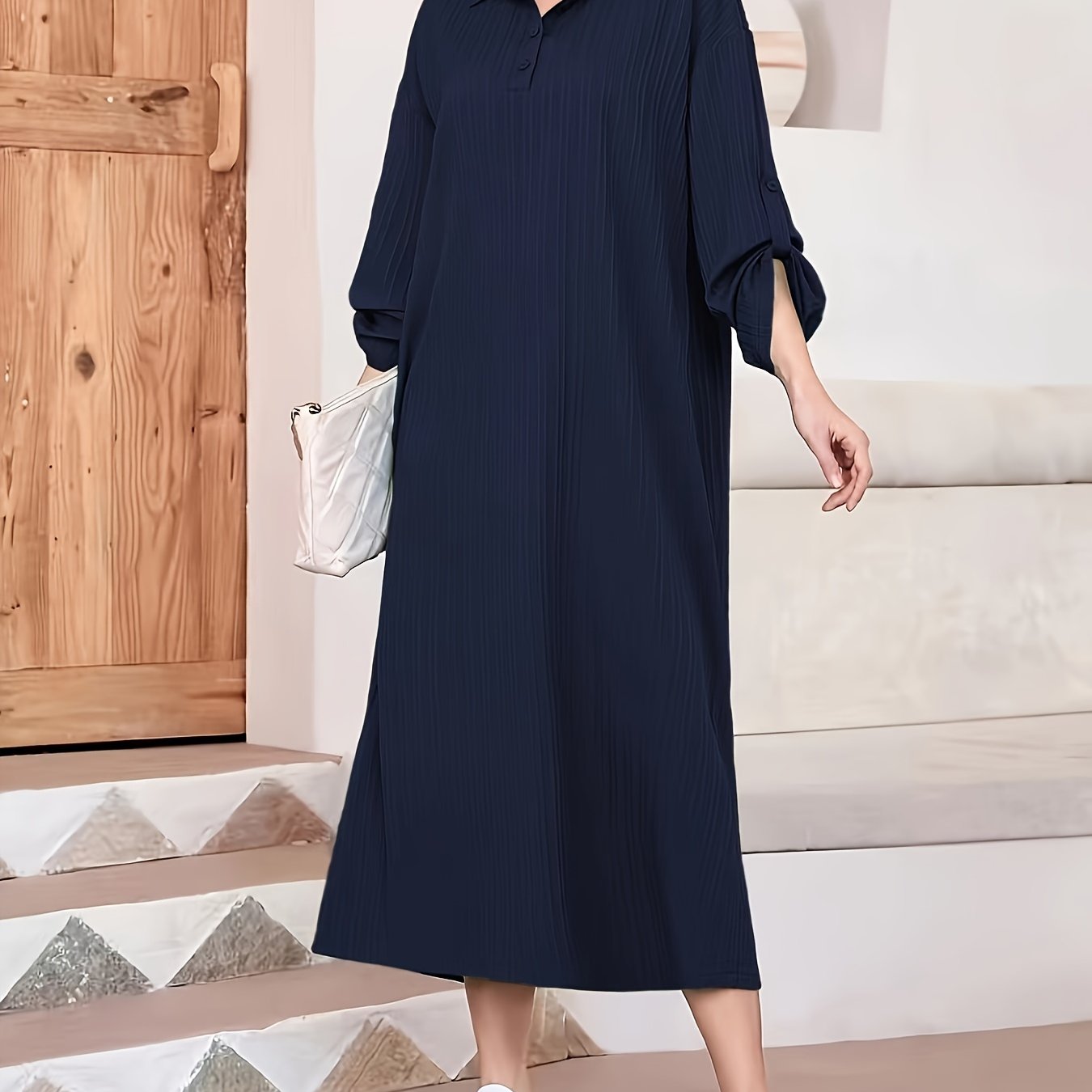 Elegant Women's Solid Textured Half Button Collared Midi Dress with Adjustable Long Sleeves for Spring & Fall