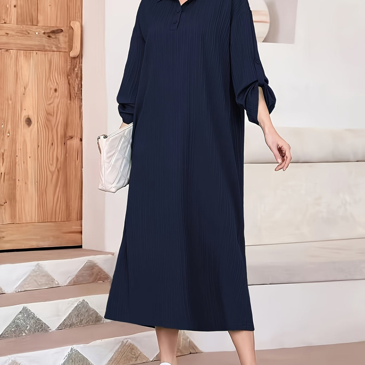 Elegant Women's Solid Textured Half Button Collared Midi Dress with Adjustable Long Sleeves for Spring & Fall