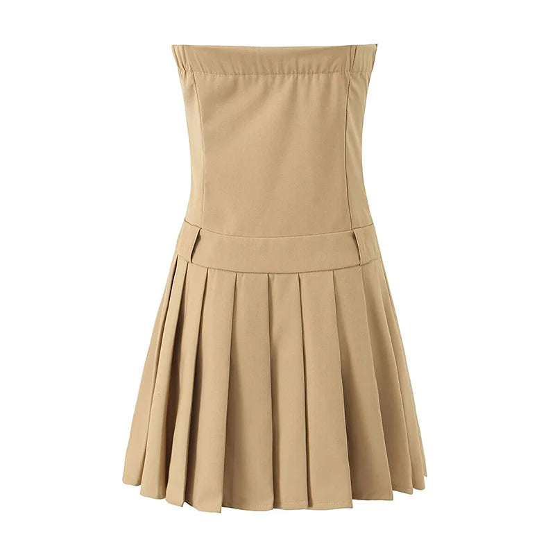New  Women Sexy Strapless Mini Dress Slim Low Waist Pleated Hem A-line Party Robe