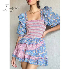 Ingvn - Inspired mixed floral prints ruffled party dress puff sleeve square neck smocked sexy laides dress mini chic summer dress
