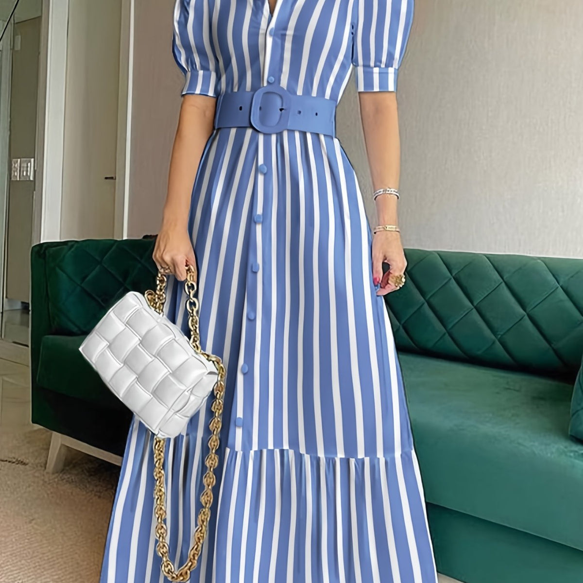 Elegant Striped Fit and Flare Long Dress with Lace Up Detail - Short Sleeve, V-Neck, Micro Elasticity, Cotton Blend, Random Printed, All-Season Wear - Womens Clothing for Adult