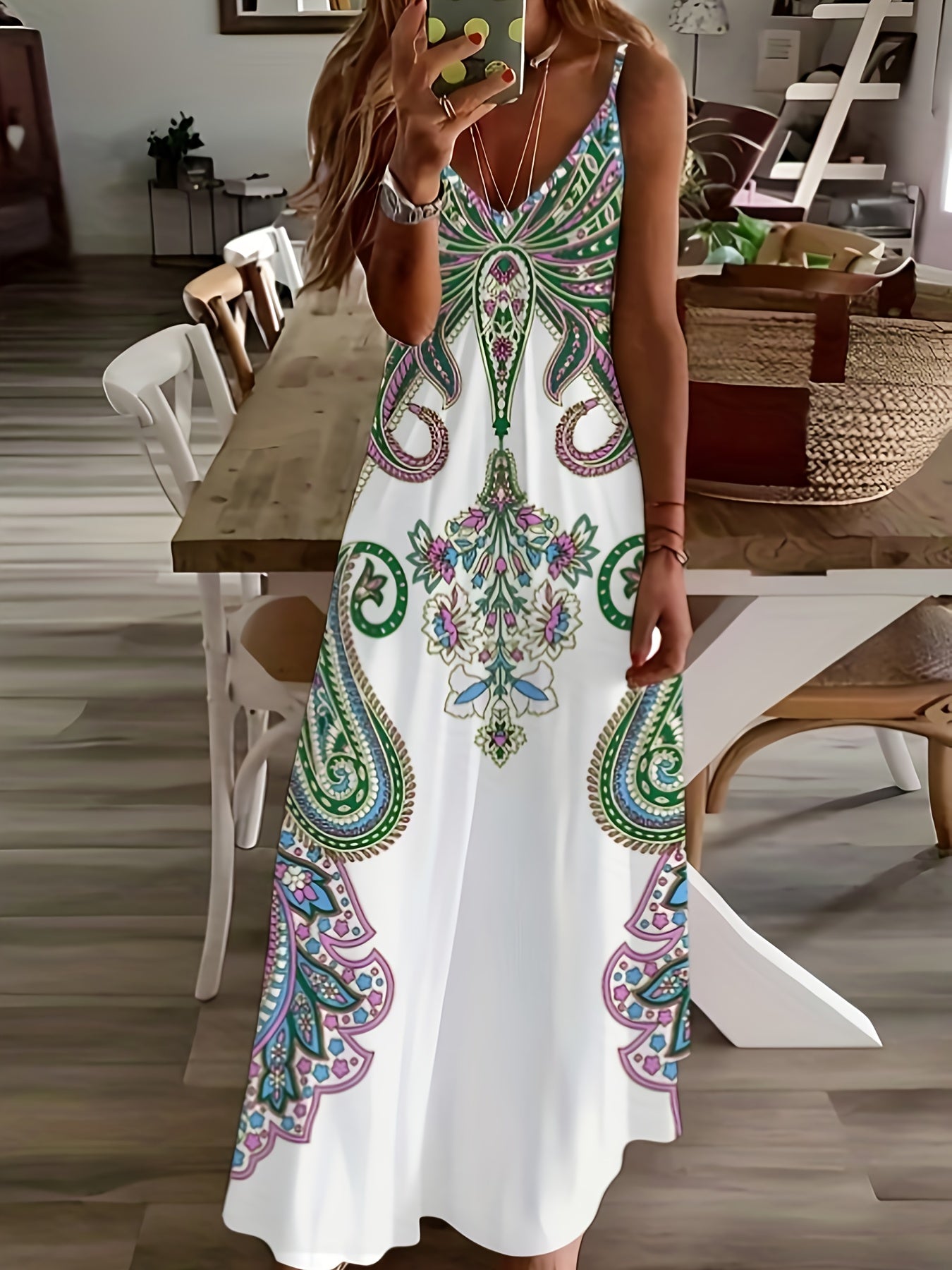 Chic V-Neck Floral Cami Dress - Breezy Sleeveless Design for Spring/Summer - Must-Have Women’s Fashion