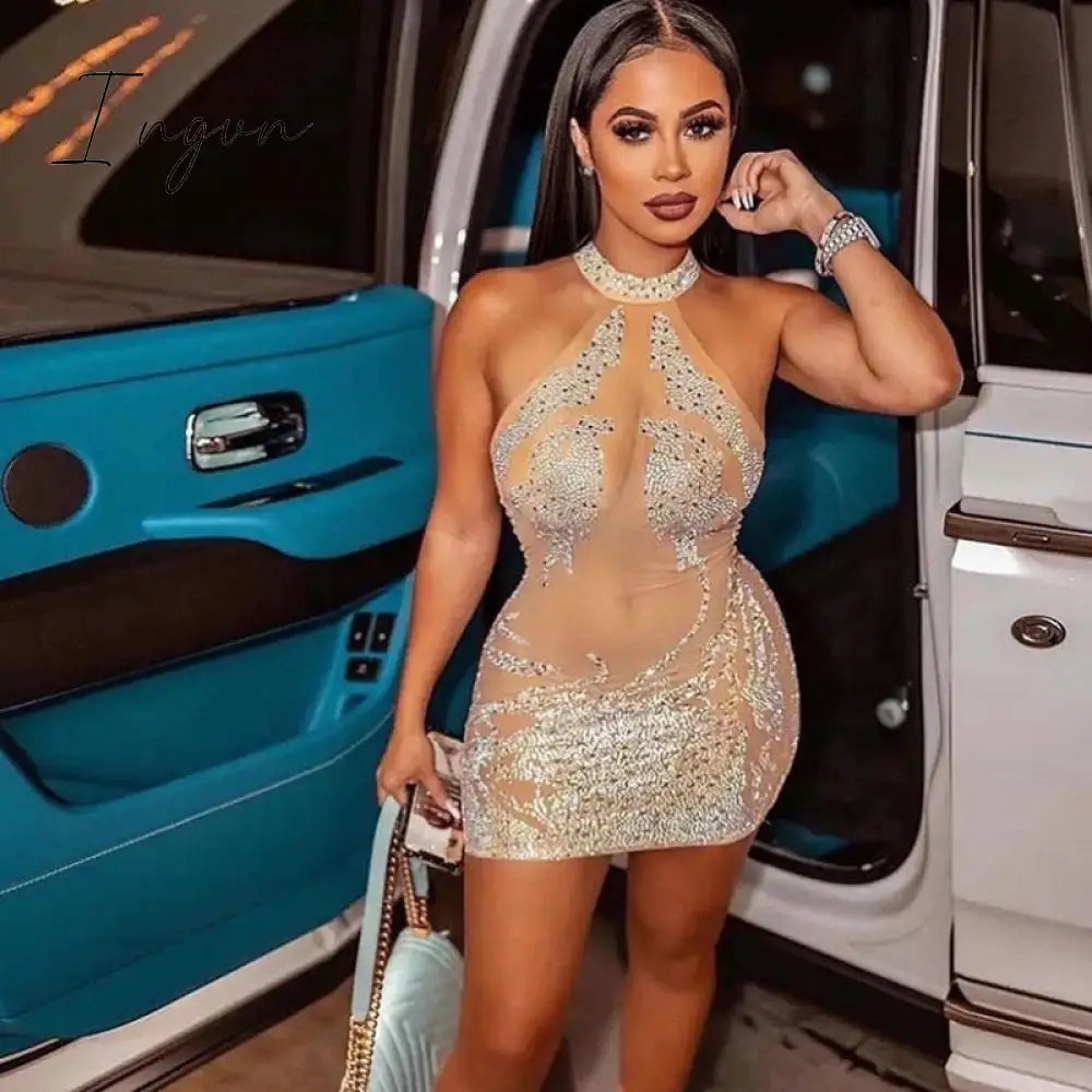 Ingvn - Mesh Sheer See Through Sexy Party Dress for Women Party Club Night Mini Bodycon Dress Luxury Rhinestone Sparkly Birthday Dress